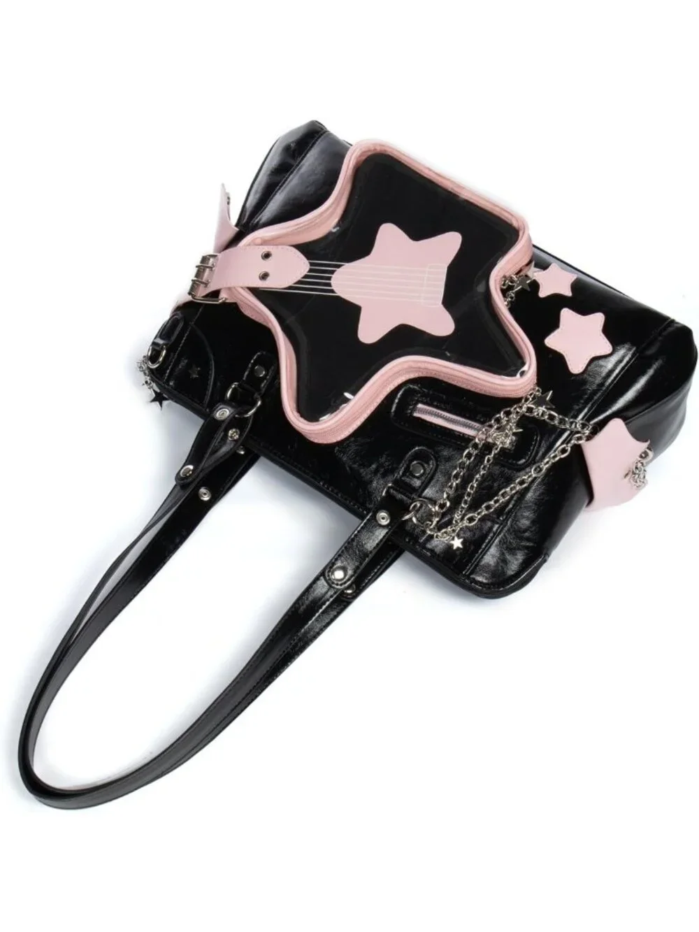 Y2K Crossbody Purse - Large Black & Pink Star Guitar Pin Shoulder Bag, Cute